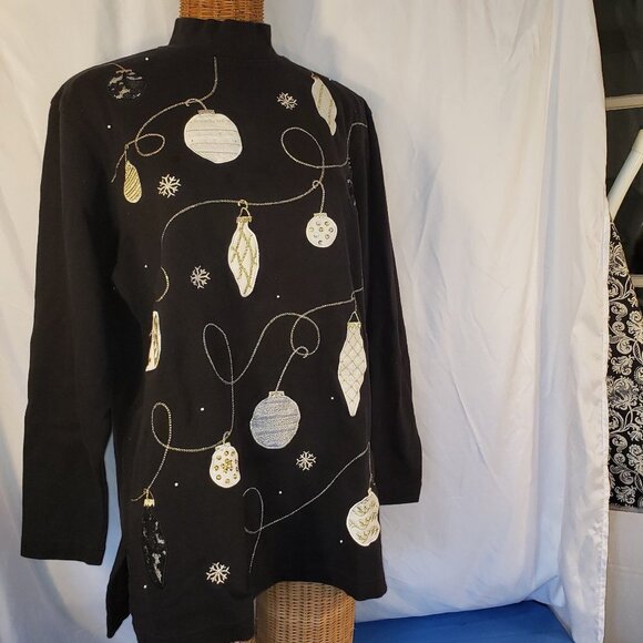 Bechamel Tops - Bechamel Women's Black Long Sleeve Christmas Mock Turtleneck Sweatshirt - L